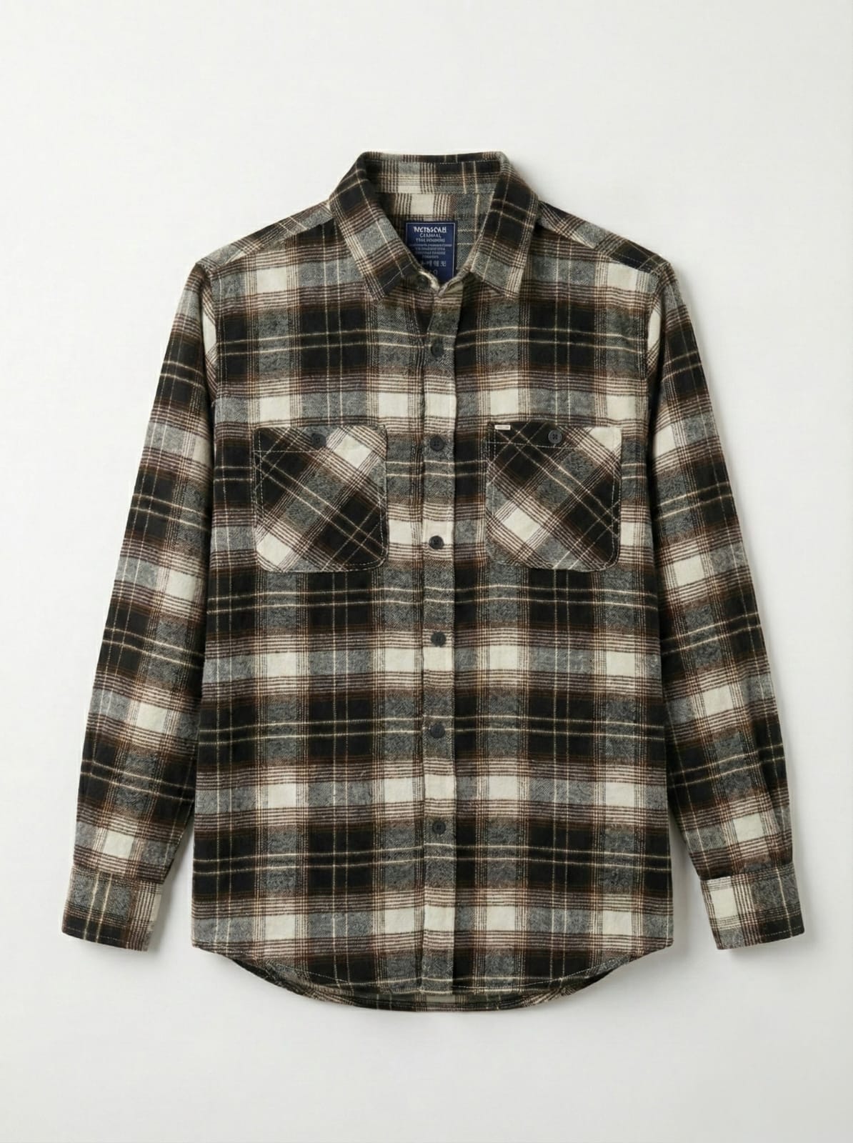 Plaid shirt with a visible brand logo on a light gray background