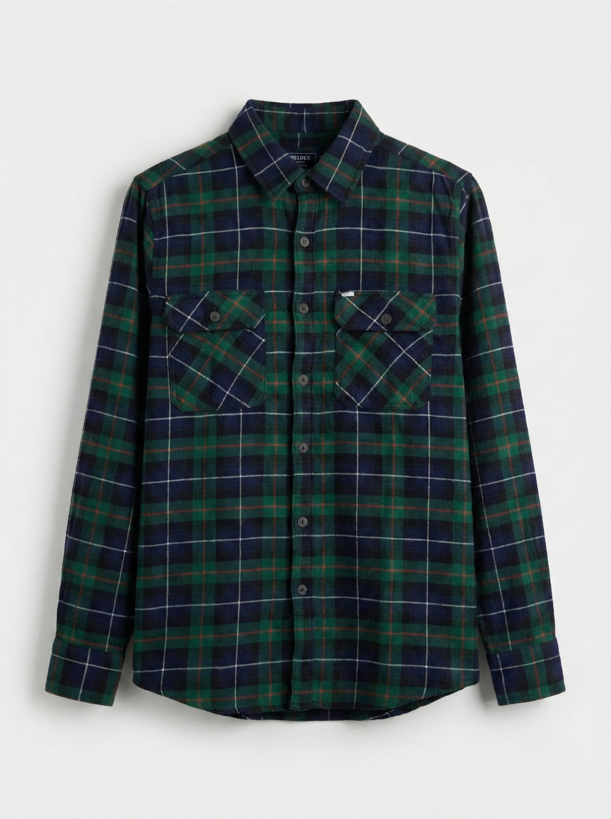 Green and navy plaid shirt on a white background